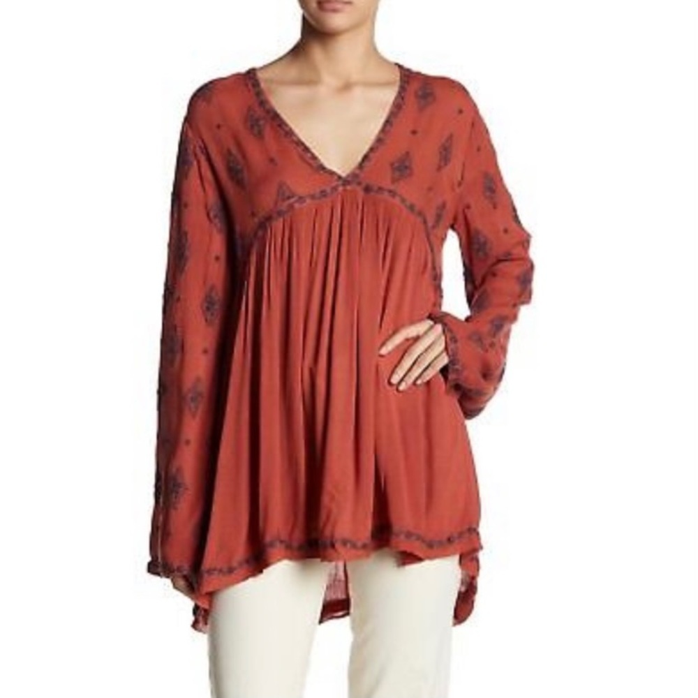 Free People Embroidered Bell Sleeve Top / Tunic XS Grey Burnt Orange Boho